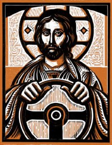 jesus holding a steering wheel in a stained glass look