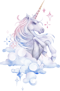 Magical-unicorn drawing with soft colors and fluffy clouds
